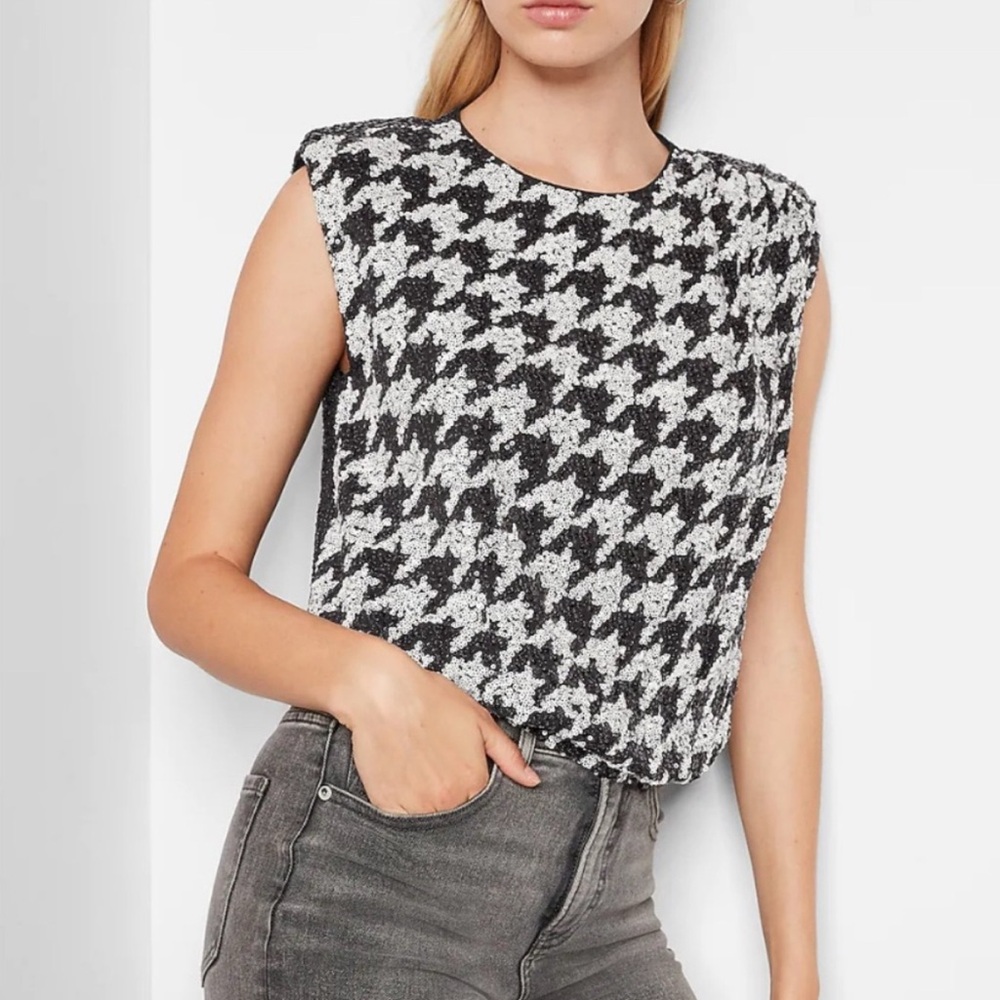 Express Houndstooth Sequined Sleeveless Top - Black and White - NWT
